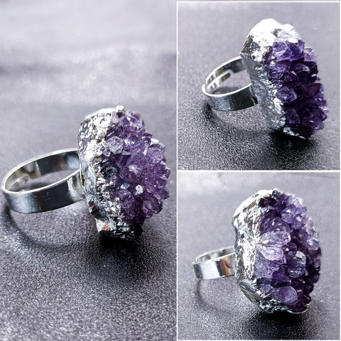 Crystal Quartz Irregular Shape Amethysts Adjustable Ring