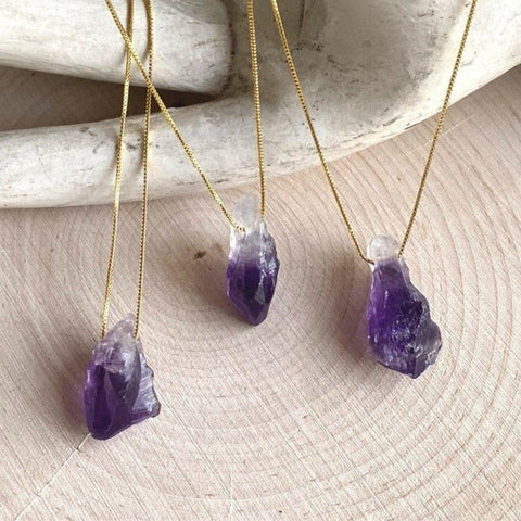 Raw Amethyst Purple Crystal Necklace With Golden Chain