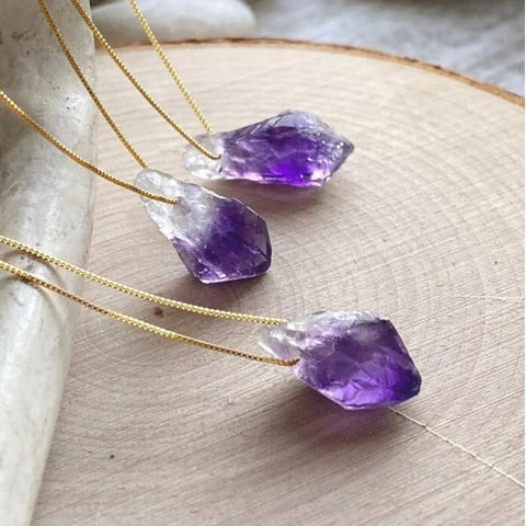 Raw Amethyst Purple Crystal Necklace With Golden Chain