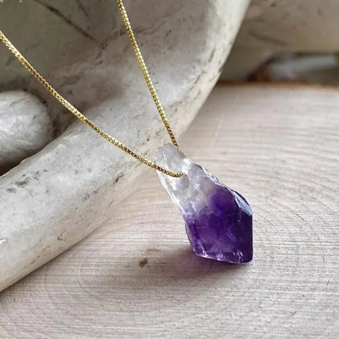 Raw Amethyst Purple Crystal Necklace With Golden Chain